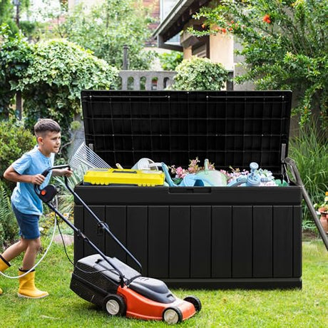 Greesum 82 Gallon Resin Deck Box Large Outdoor Storage for Patio Furniture, Garden Tools, Pool Supplies, Weatherproof and UV Resistant, Lockable, Black Greesum