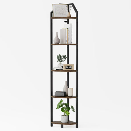 5-Tier Corner Shelf | 70 Inch Tall Bookshelf & Plant Stand, Heavy Duty Storage for Home Office & Living Room - Brown Realgulf