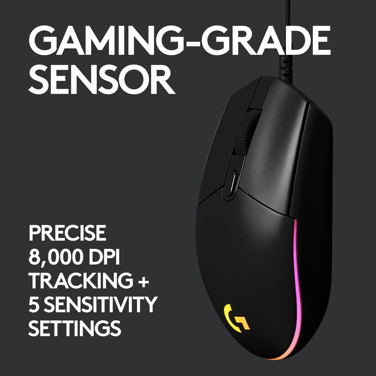Logitech G203 Wired Gaming Mouse, 8,000 DPI, Rainbow Optical Effect LIGHTSYNC RGB, 6 Programmable Buttons, On-Board Memory, Screen Mapping, PC/Mac Computer and Laptop Compatible - Black Logitech G