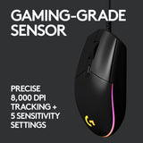 Logitech G203 Wired Gaming Mouse, 8,000 DPI, Rainbow Optical Effect LIGHTSYNC RGB, 6 Programmable Buttons, On-Board Memory, Screen Mapping, PC/Mac Computer and Laptop Compatible - Black Logitech G