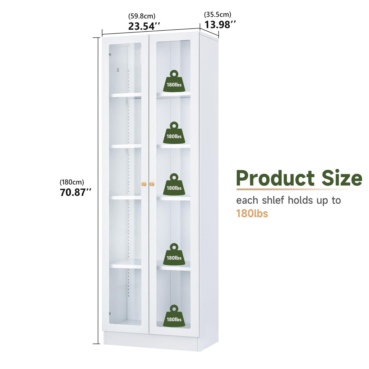 Metal Storage Cabinet with Doors, Tall Bookcase with 4 Adjustable Shelves, 70.87" Cabinet Display Case for Collectibles, White Bookshelf for Home Office, Living Room, Library Generic