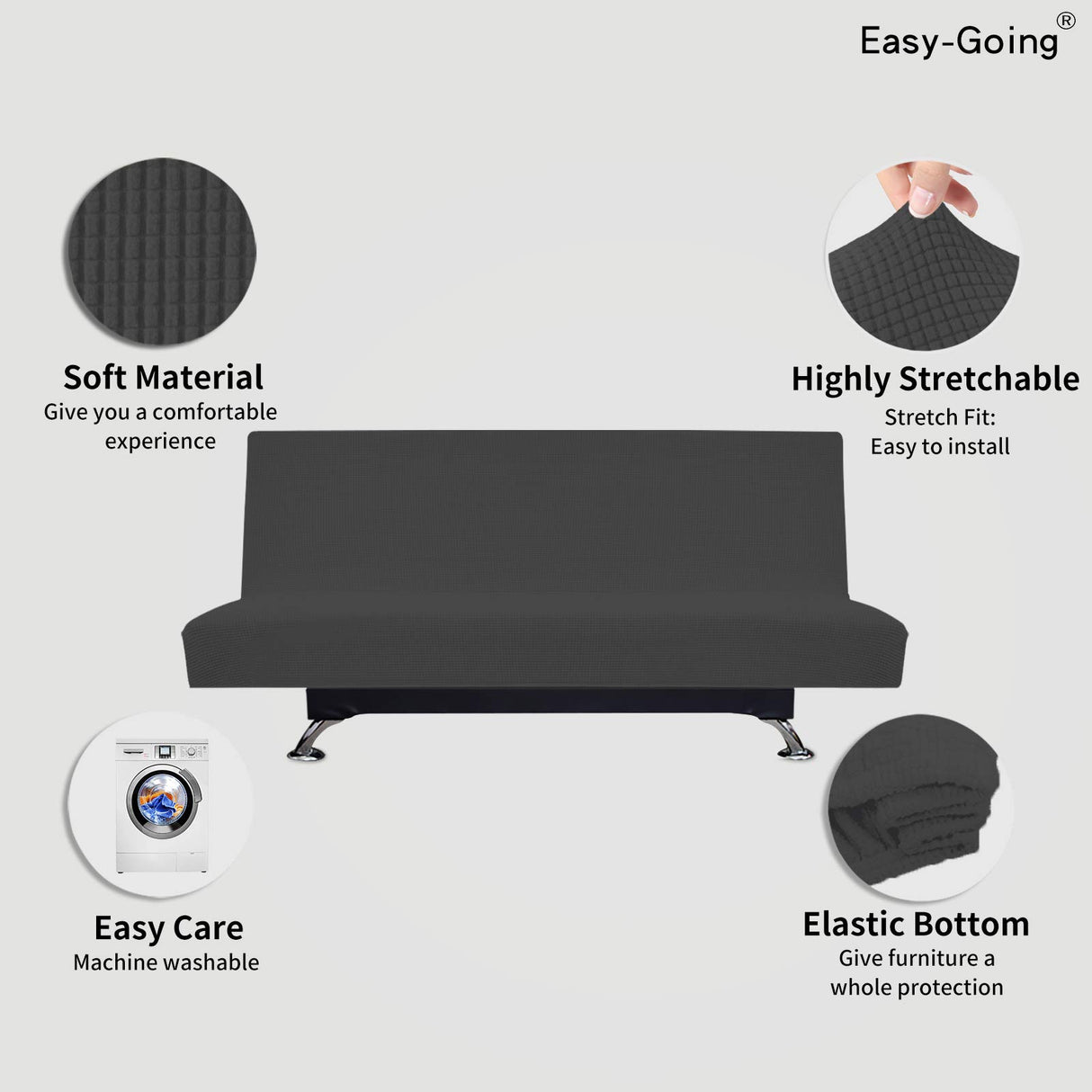 Easy-Going Stretch Futon Slipcover Armless Futon Bed Cover Furniture Protector Without Armrests with Elastic Bottom for Kids, Soft Jacquard Fabric Small Checks (Large, Dark Gray) Easy-Going
