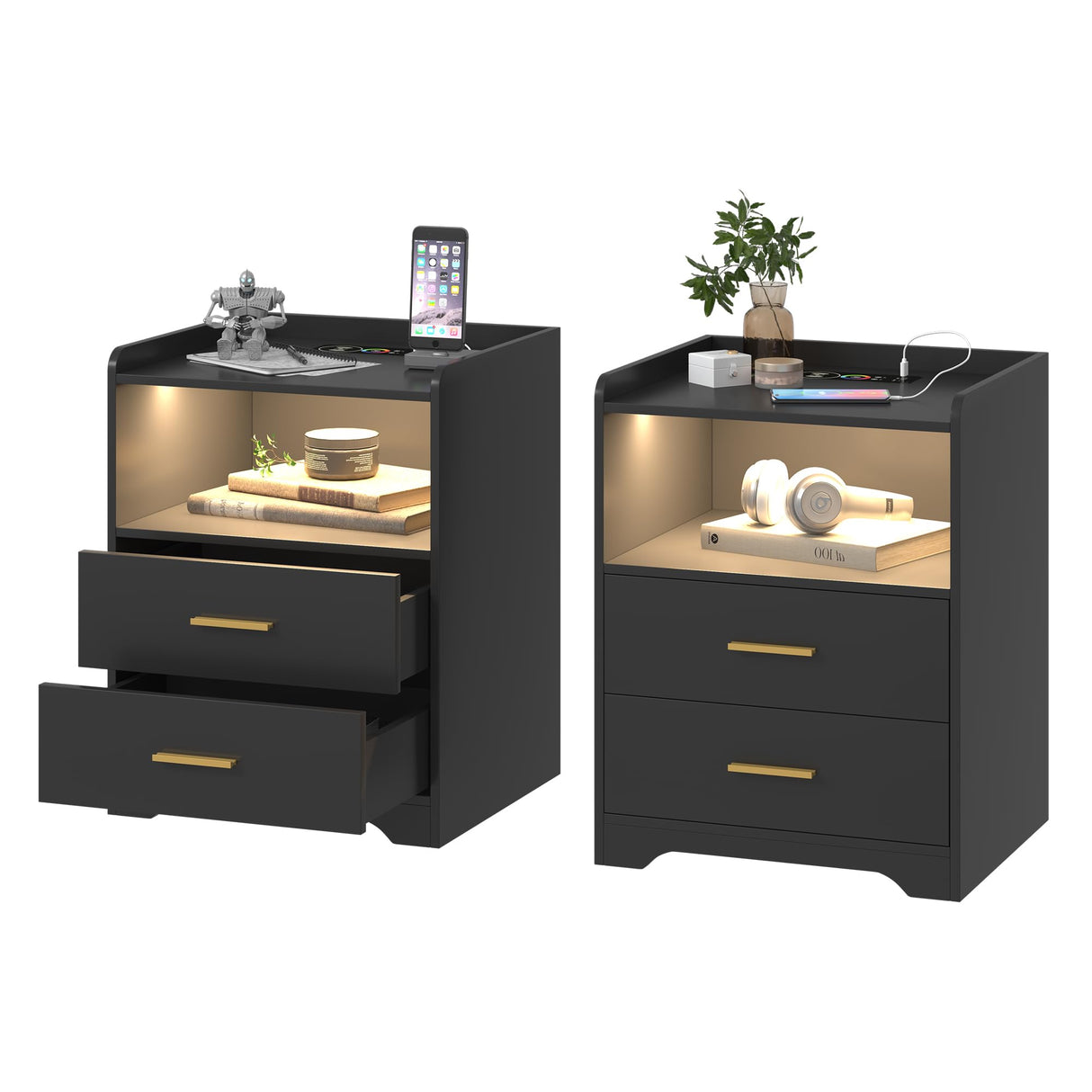 dnbss Black Nightstand Set of 2 with Charging Station, LED Night Stands with 24-Color RGB Lights, Smart Lighted Bedside Table with 2 Drawers, Modern Nightstand for Bedroom dnbss