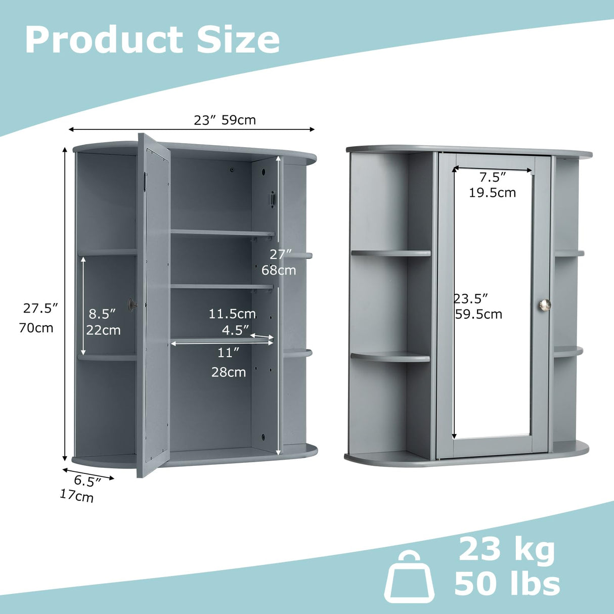 COSTWAY Wall Mounted Bathroom Cabinet - Storage Organizer with Mirror Door, Adjustable Shelves & 6 Open Racks, Space-Saving Hanging Medicine Cabinet for Living Room Kitchen Entryway (Gray) COSTWAY