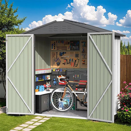 Greesum 6×4FT Outdoor Storage Shed, Metal Patio Storaged Sheds with Lockable Doors, Sheds & Outdoor Storage for Bike, Backyard, Pool and Garden, White Greesum
