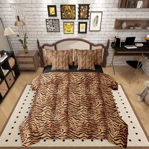Erosebridal Brown Tiger Print Queen Comforter Set for Women Men Adults - Simulated Animal Fur Printed Wild Tiger Fur Print 7-Piece Bedding Set Tigerish Animal Printed Quilt Duvet Sets Erosebridal