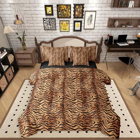 Erosebridal Brown Tiger Print Queen Comforter Set for Women Men Adults - Simulated Animal Fur Printed Wild Tiger Fur Print 7-Piece Bedding Set Tigerish Animal Printed Quilt Duvet Sets Erosebridal