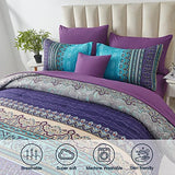 Cottolester Boho Comforter Set Queen Size 8 Piece Bed in a Bag Bohemian Striped Bedding Quilt Set Aqua Paisley Floral Comforter and Sheet Set,Soft Microfiber Complete Bedding Sets for All Season Cottolester