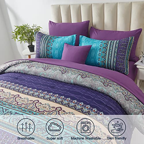 Cottolester Boho Comforter Set Full Size 8 Piece Bed in a Bag Bohemian Striped Bedding Quilt Set Aqua Paisley Floral Comforter and Sheet Set,Soft Microfiber Complete Bedding Sets for All Season Cottolester