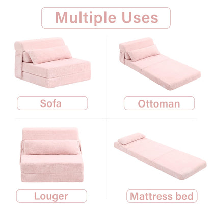 Tiita Folding Sofa Bed with Pillow Single Size Mattress&Plush Fabric with Portable Storage Bag,Floor Lounger Chair Bed for Living Room,Guest Room,Dorm,Apartment,Upstairs Loft,Home Office,Pink