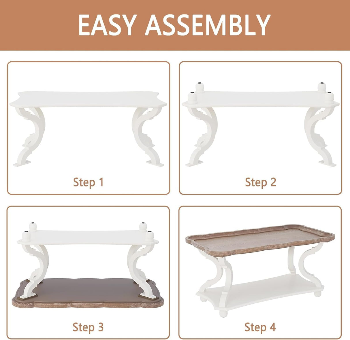 Function Home Farmhouse Coffee Table, Modern Cocktail Table with Storage Shelf, Sofa Table with Natural Tray Top and Carved Legs for Living Room, Bedroom, Dining Room in Vintage White Function Home