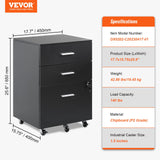 VEVOR File Cabinet, 3-Drawer Wood Filing Cabinet, Locking Office Cabinet for Letter/A4 Size, File Cabinet with 5 Wheels for Home Office, Black VEVOR