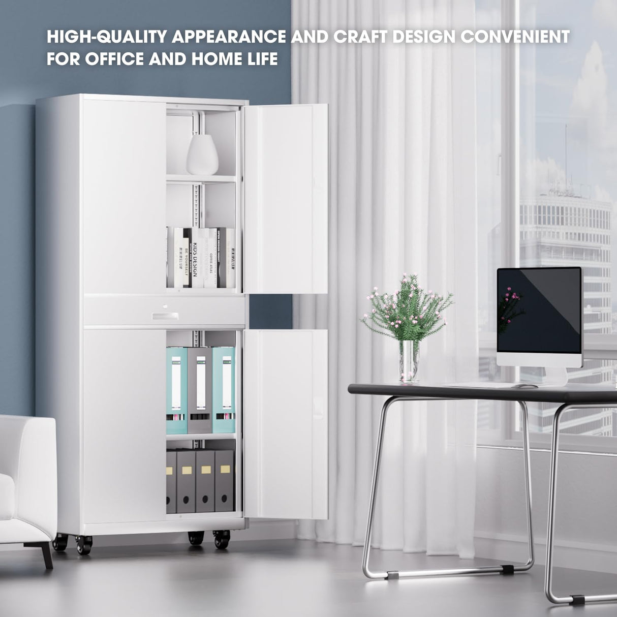 DNA MOTORING 73'' Metal Storage Cabinet, Rolling Garage Cabinet with 1 Drawer and Adjustable Shelves, Lockable Heavy Duty Metal Locker for Garage,Office,Home,White, TOOLS-00630-WH-WH-A DNA MOTORING