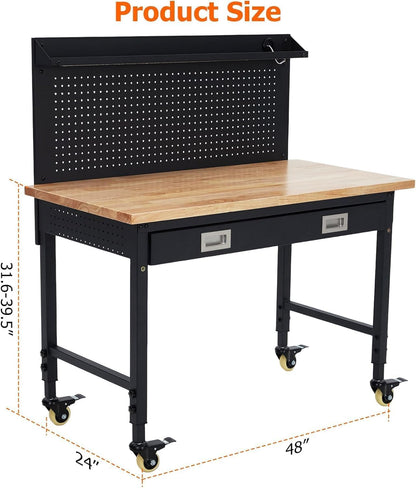 Workbench 48 x 24 Adjustable Height Worktable, Heavy Duty Rubber Wood Top, 2000 LBS Load Capacity, Tool Storage Workstation with Drawer, Pegboard, Power Outlets & Lockable Wheels, with Drawer Back