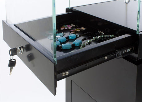 64" Glass Showcase with Pull-Out Drawer and Locking Storage Cabinet, Includes 2 LED Spotlights, Pedestal Display Case for 360 Degree Viewing - Black Displays2go
