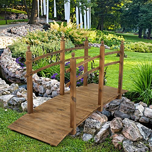 VINGLI 7.5 ft Garden Bridge, Arch Walkway Wooden Bridge with Safety Rails Stained Finished, Decorative Landscaping Footbridge for Koi Pond, Dry Creek Bed, Garden Pathway or Rustic Wedding Decor VINGLI