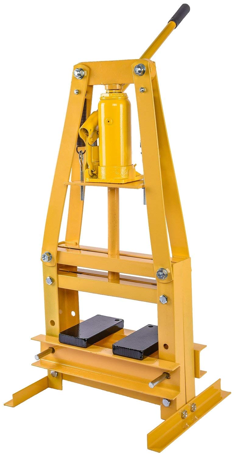JEGS Hydraulic Shop Press | Steel With Yellow Finish | 6-Ton | Bench Top Mount | Up To 4 1/4-Inch Working Range | Includes 2 Press Plates | Lever-Action JEGS