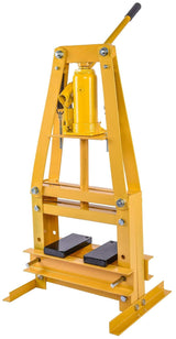 JEGS Hydraulic Shop Press | Steel With Yellow Finish | 6-Ton | Bench Top Mount | Up To 4 1/4-Inch Working Range | Includes 2 Press Plates | Lever-Action JEGS