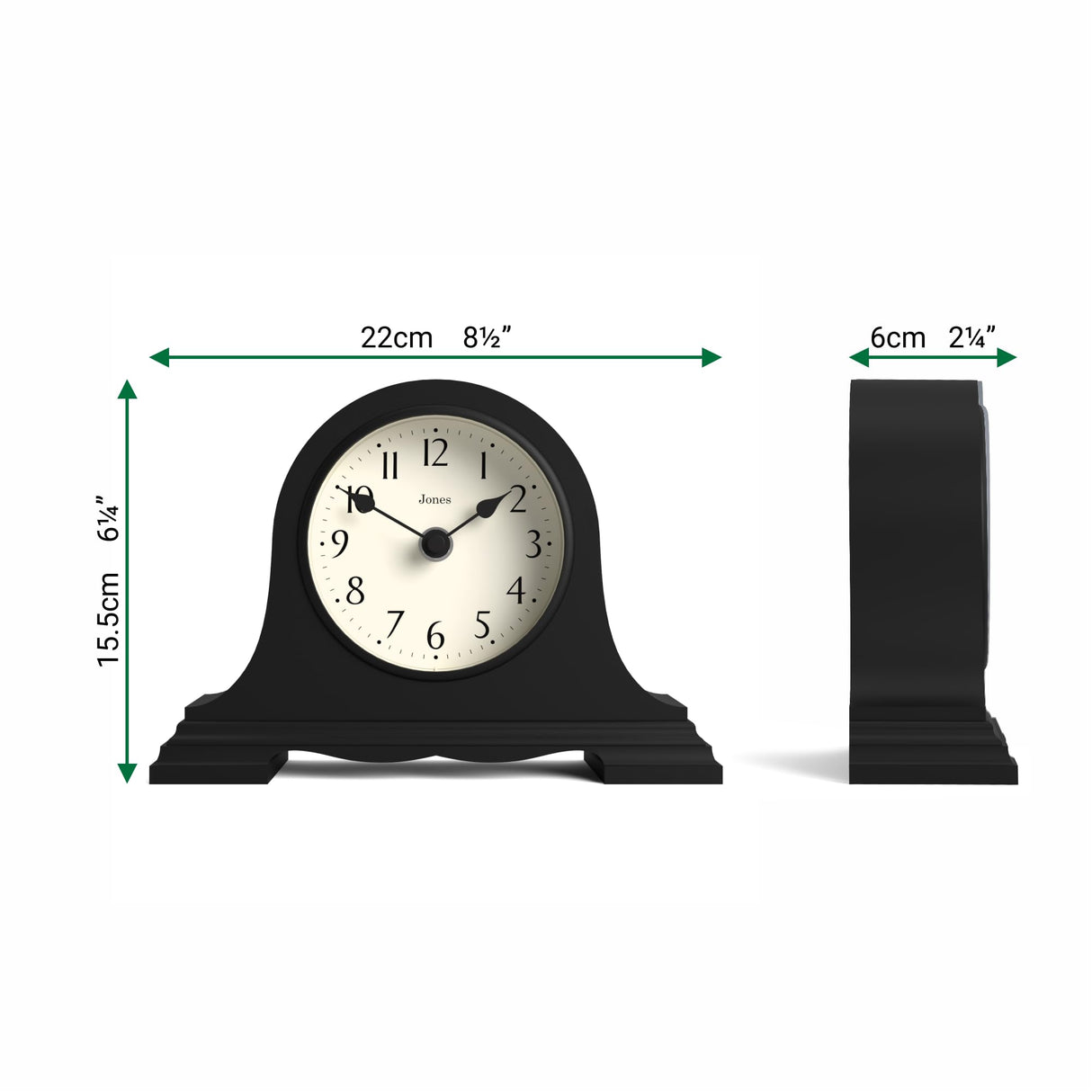 JONES CLOCKS® Speakeasy Mantel Clock | Classic Napoleon’s hat Design | Black | Contemporary Classic Style for Desk, Table, Shelf or Bedside JONES CLOCKS