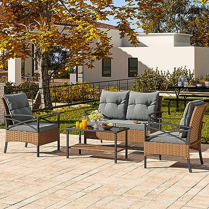 YITAHOME 4-Piece Patio Furniture Wicker Outdoor Bistro Set, All-Weather Rattan Conversation Loveseat Chairs for Backyard, Balcony and Deck with Soft Cushions and Metal Table (Light Brown+Gray - WoodArtSupply