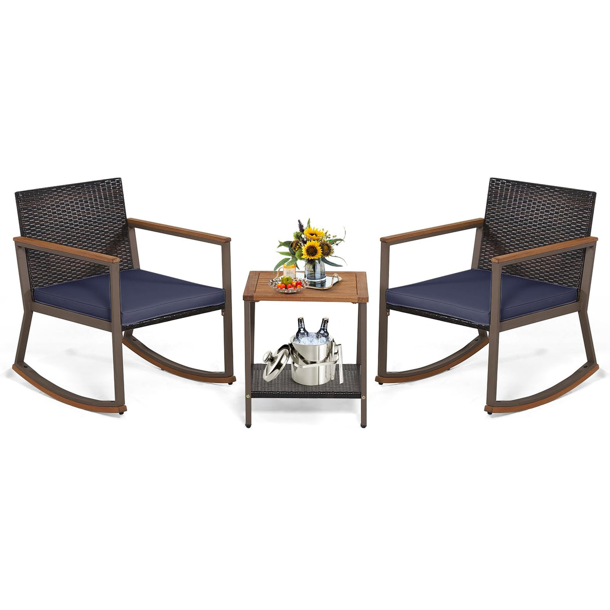 Tangkula 3 Pieces Rocking Bistro Set, Outdoor Rocker Chair with Coffee Table & Cushions, Patio Rattan Furniture Conversation Set for Balcony Porch Poolside (Navy) Tangkula