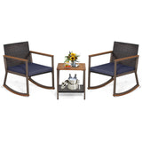 Tangkula 3 Pieces Rocking Bistro Set, Outdoor Rocker Chair with Coffee Table & Cushions, Patio Rattan Furniture Conversation Set for Balcony Porch Poolside (Navy) Tangkula
