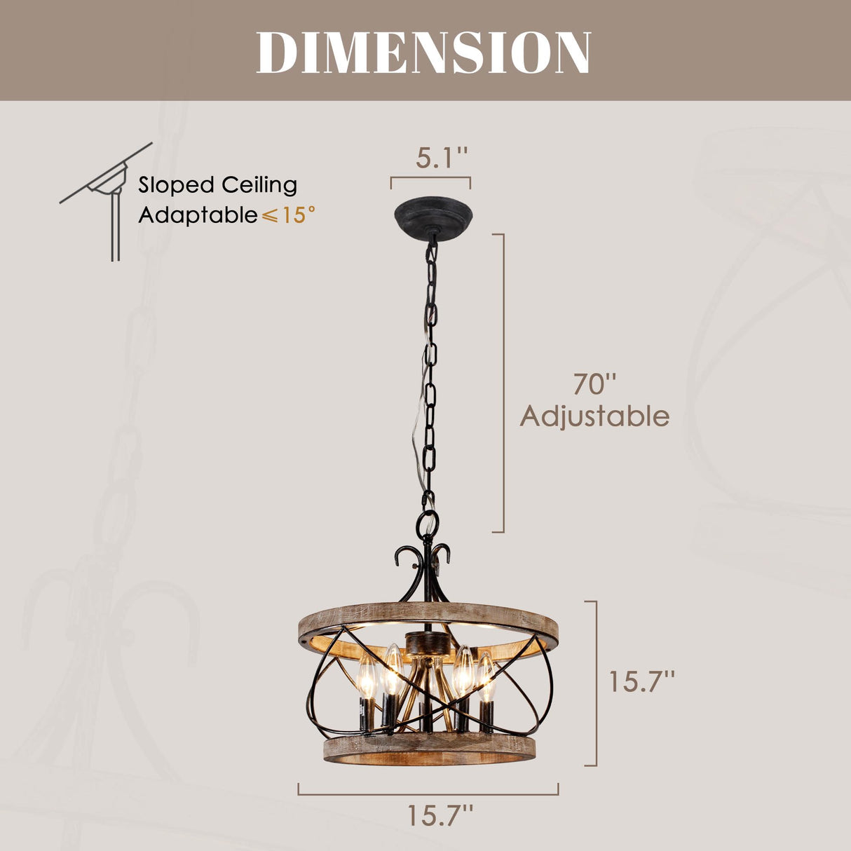 Dawn Whisper Farmhouse Chandelier, 15.7" Rustic Drum Chandelier Light Fixture Over Table, 5-Light Candle Wood Chandelier for Dining Room, Kitchen Dawn Whisper