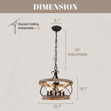 Dawn Whisper Farmhouse Chandelier, 15.7" Rustic Drum Chandelier Light Fixture Over Table, 5-Light Candle Wood Chandelier for Dining Room, Kitchen Dawn Whisper