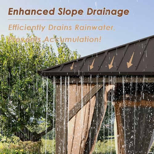 Domi Hardtop Gazebos 10x14FT, Aluminum Metal Gazebo with Galvanized Steel Double Roof Canopy, Curtain and Netting, Permanent Gazebo Pavilion for Patio, Backyard, Deck and Lawn, Brown domi outdoor living