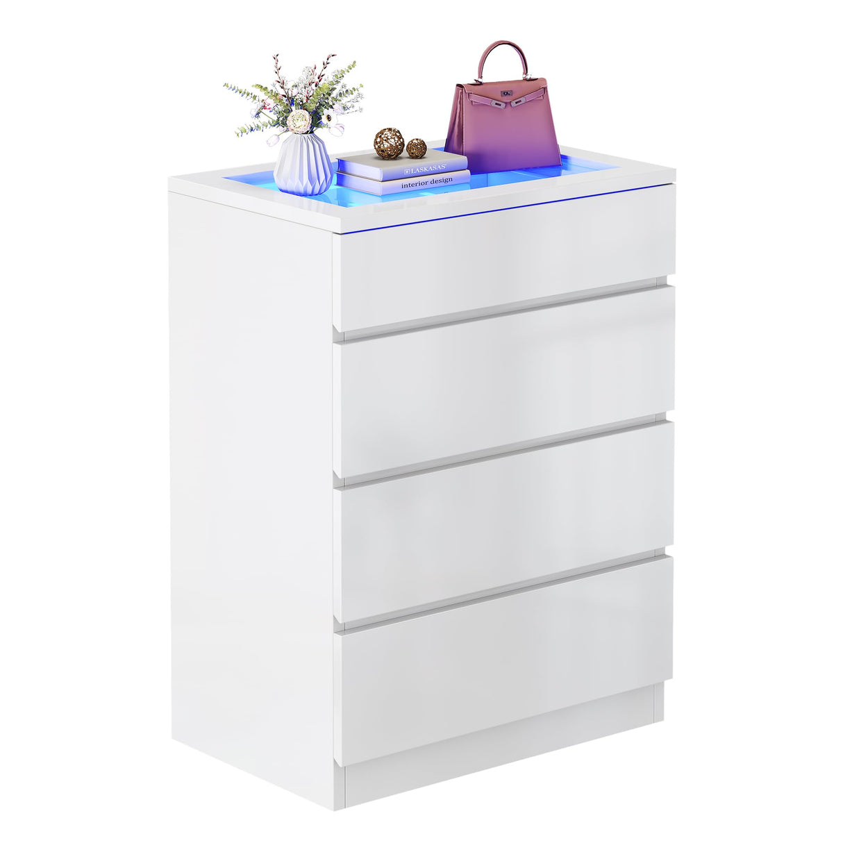 YITAHOME Dresser with LED, High Gloss Surface Large Chest of Drawers Storage Organizer with Glass Top, 4 Drawers TV Stand, Wide Dresser for Living Room YITAHOME