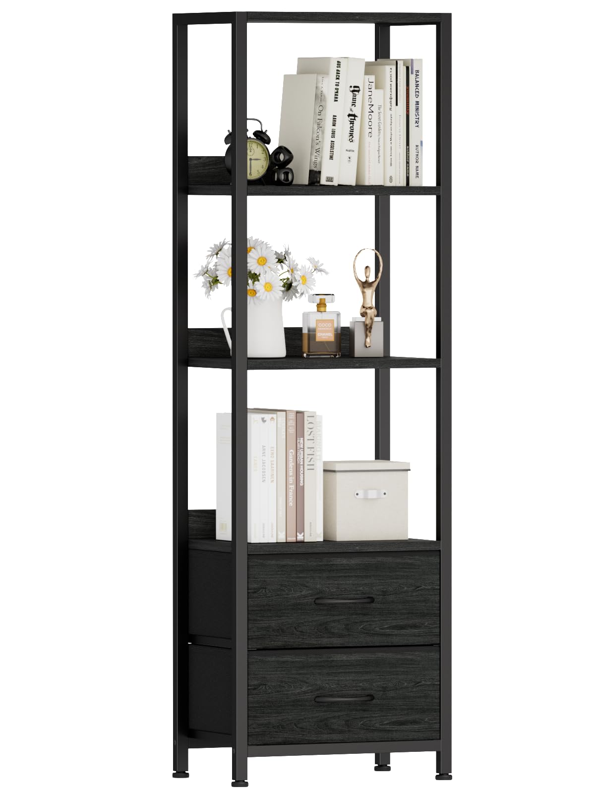 Furnulem 4-Tier Corner Shelf, Bookshelf with 2 Storage Drawers, 57.28”Tall Narrow Bookcase, Standing Shelf Organizer Unit for Living Room, Bedroom, Metal Frame, Wood Display Shelf Furnulem