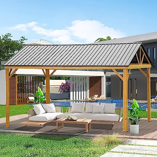 Domi 12' x 14' Hardtop Gazebo with Galvanized Steel Gable Roof, Pergola with Wood-looking Aluminum Frame, Permanent Pavilion Outdoor Gazebo with Ceiling Hook for Deck Patio Lawn Yard Backyard Grill domi outdoor living