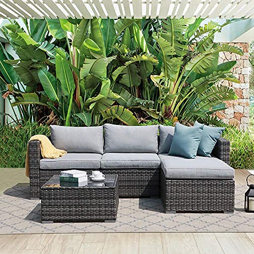 Patiorama 5 Piece Outdoor Patio Furniture Set, Sectional Conversation All-Weather Grey PE Wicker w/Light Cushions, Backyard Porch Garden Poolside Balcony Set - WoodArtSupply