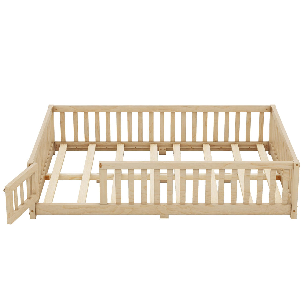 A ALFRESCOOL Full Size Montessori Floor Bed with Safety Guardrails and Convertible Door, Sturdy Pine Wood Floor Bed Frame with Wooden Supports Slats for Toddlers Kids Girls Boys Bedroom (Natural) A ALFRESCOOL