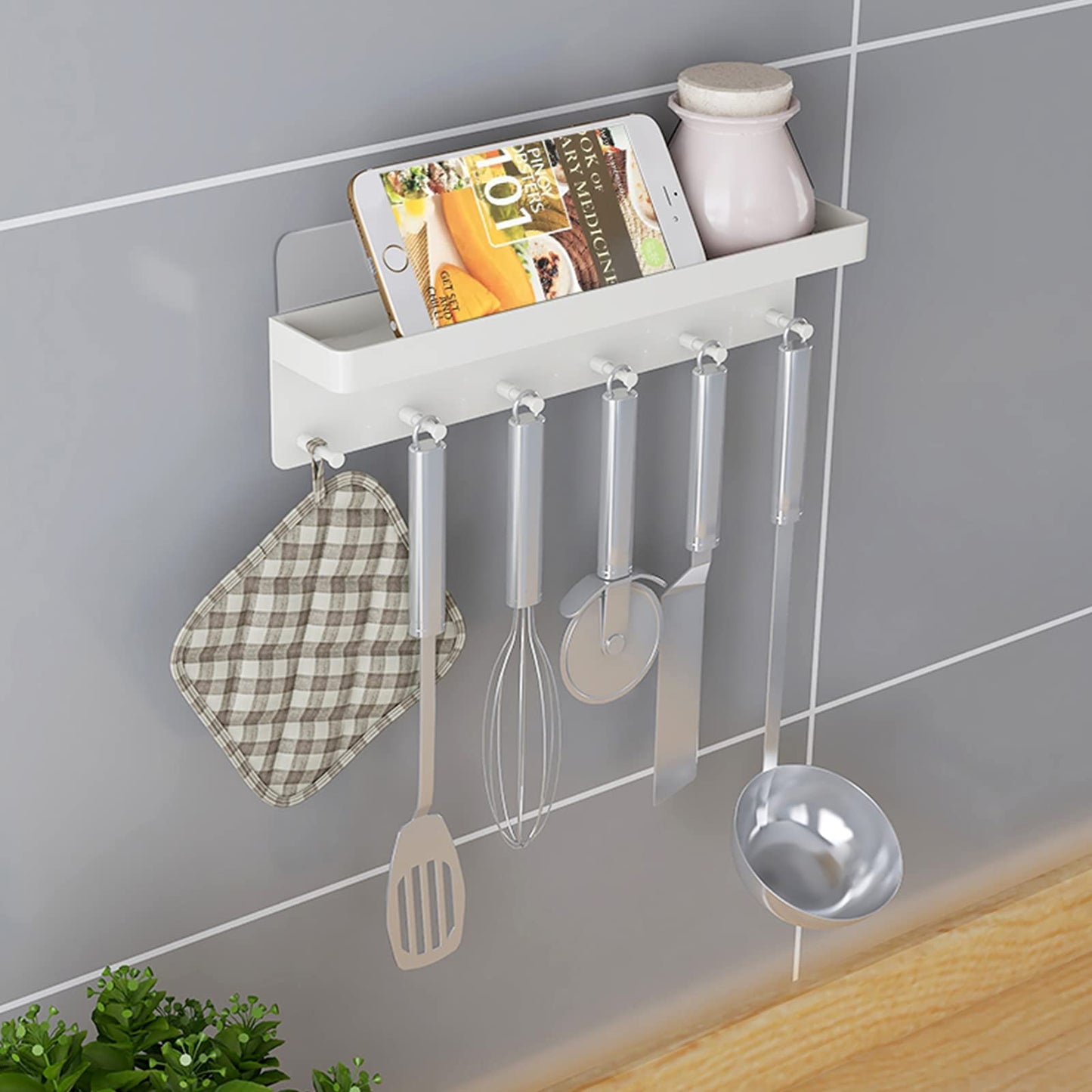 Key Holder for Wall Decorative - Mail Organizer and Key Rack with Tray for Hallway Kitchen Farmhouse Decor,Stainless Steel Key Hooks Mail Holder Wall Mounted - 6 Hooks (White)