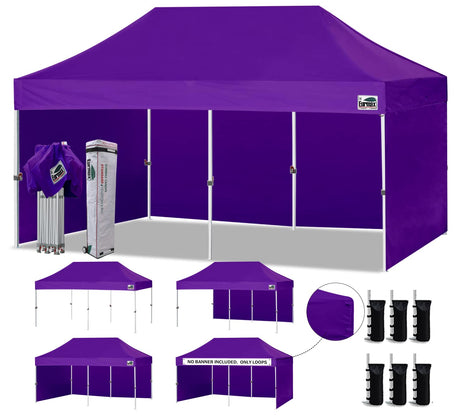 Eurmax USA 10'x20' Pop-up Canopy Tent Commercial Instant Canopies with 4 Removable Zipper End Side Walls and Roller Bag, Bonus 6 SandBags(Purple) Eurmax
