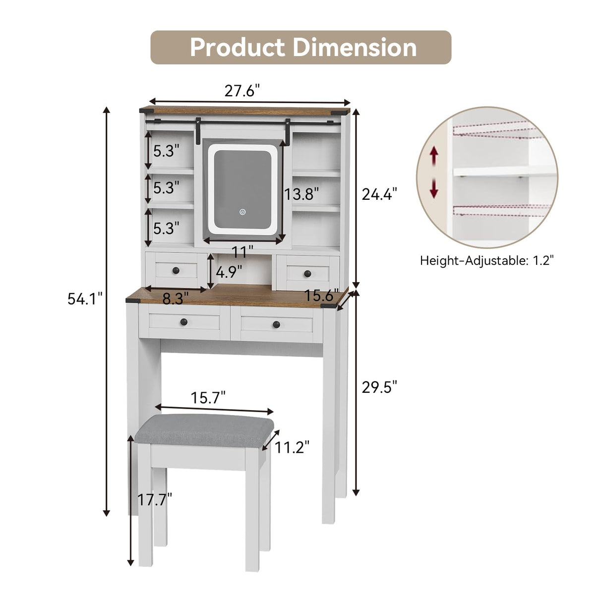 ARTETHYS Vanity Desk with Slide Mirror and Lights Farmhouse Makeup Vanity Set with Chair Small Dressing Table with Drawer for Bedroom, White and Brown ARTETHYS