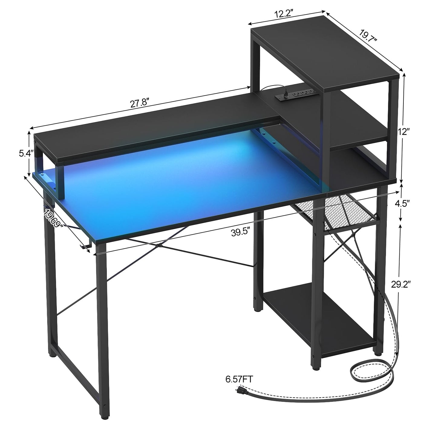 Cyclysio Gaming Desk 39", Computer Desk with Reversible Storage Shelves, Home Office Desk with Power Outlets & RGB Led Lights, Small Desk for Gaming, Studying, Working Black - WoodArtSupply