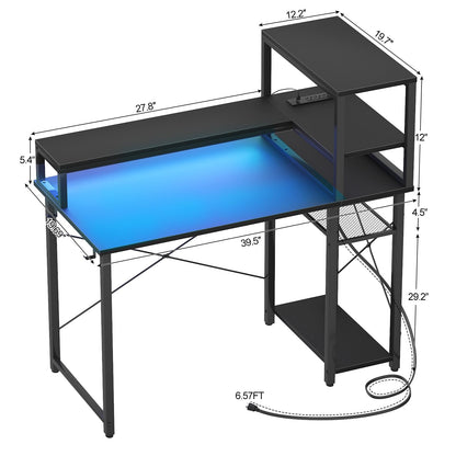 Cyclysio Gaming Desk 39", Computer Desk with Reversible Storage Shelves, Home Office Desk with Power Outlets & RGB Led Lights, Small Desk for Gaming, Studying, Working Black - WoodArtSupply