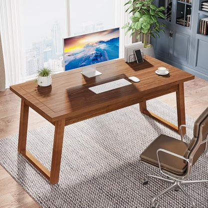 Tribesigns Home Office Executive Desk: 55 Inches Solid Wood Computer Desk with Drawer, Mid-Century Modern Study Writing Table, Rustic PC Laptop Desk Workstation Furniture, Walnut Brown - WoodArtSupply