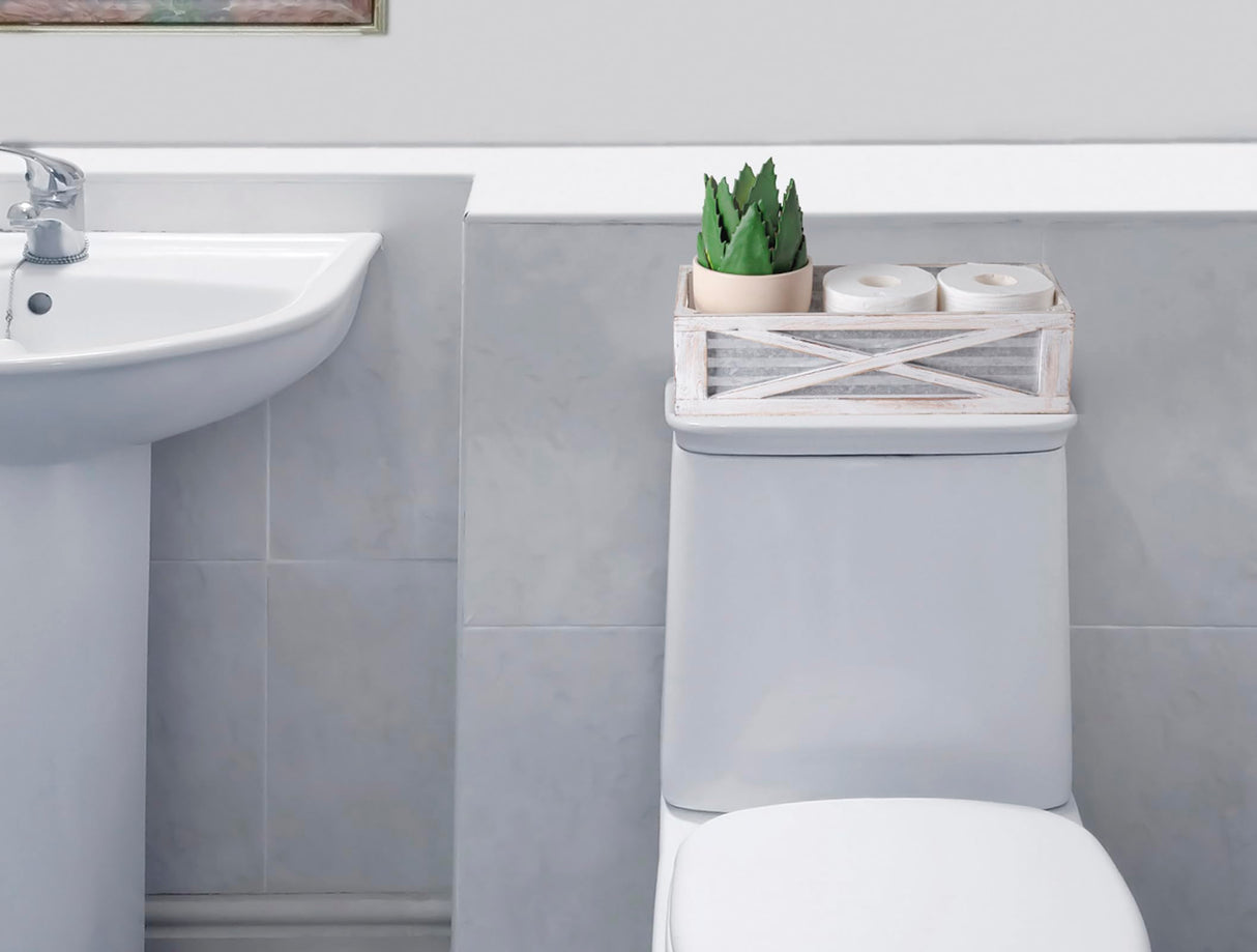 Venalys Wooden Toilet Tank Basket, Rustic Bathroom Decor Box, Farmhouse Toilet Paper Organizer Holder, Decorative Bathroom Storage Basket, Barn Door (Whitewash) Venalys