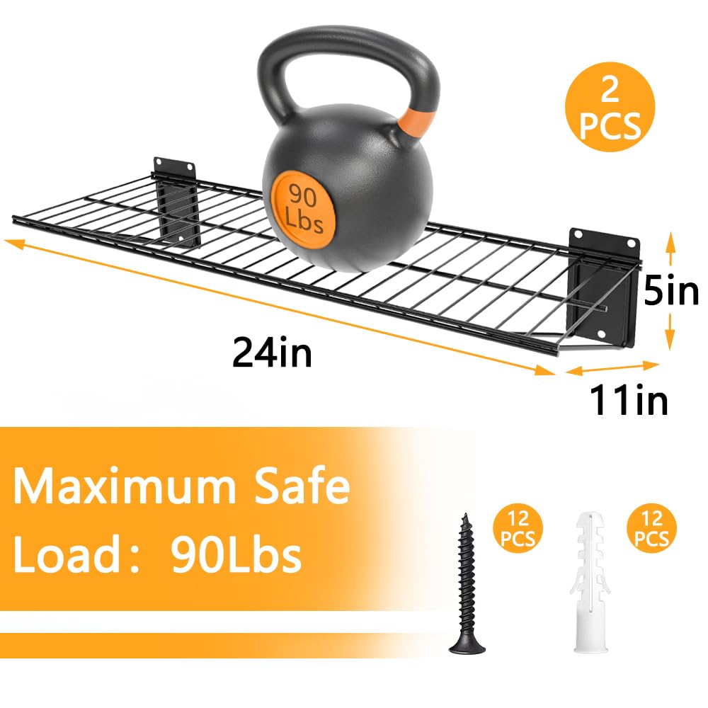 BELLO YON Wall Shelf 24'' x 11'' Garage Wall Mounted Storage Shelves, Heavy Duty Metal Wire Wall Shelving Storage Rack for Garage, Office, Basement, Max Load 90lb,Black, 2-Pack BELLO YON