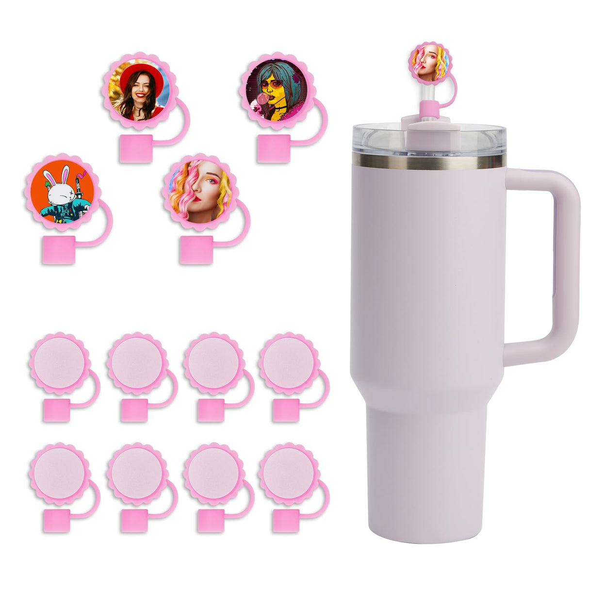 PYD Life 12 Pack Sublimation Straw Cover Cap Topper Silicone Pink for 40 OZ 30 OZ 20 OZ Stanley Tumbler Cup 10mm Straws 1.18" Flower Round with 1" Sublimation Blanks Aluminum Round Sheets PYD Life