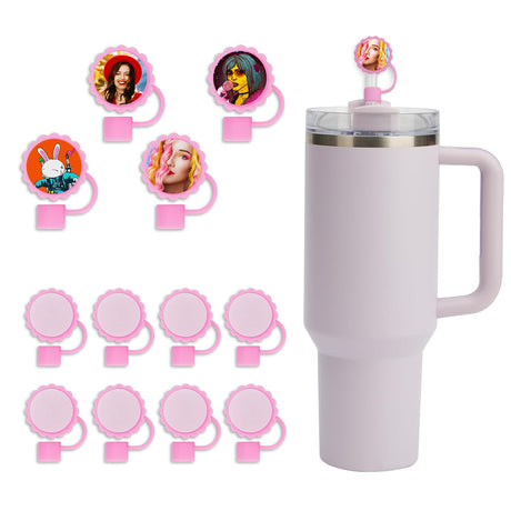 PYD Life 12 Pack Sublimation Straw Cover Cap Topper Silicone Pink for 40 OZ 30 OZ 20 OZ Stanley Tumbler Cup 10mm Straws 1.18" Flower Round with 1" Sublimation Blanks Aluminum Round Sheets PYD Life