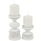 The Novogratz Wood Decorative Candle Holder Beaded Pillar Candle Stand, Set of 2 Candlestick Holder 8", 4"H, White Deco 79