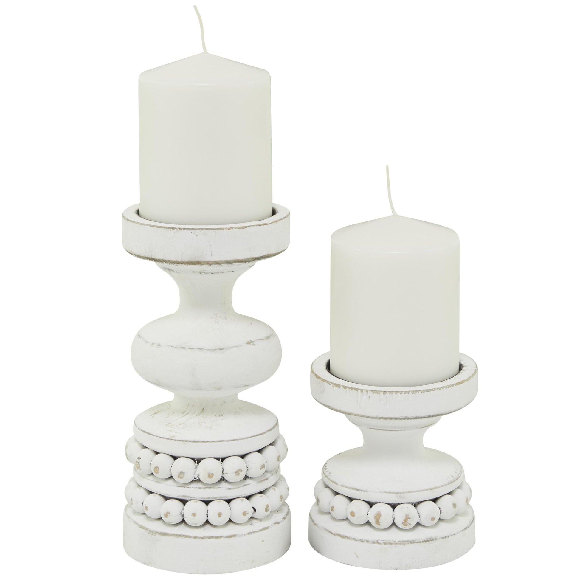 The Novogratz Wood Decorative Candle Holder Beaded Pillar Candle Stand, Set of 2 Candlestick Holder 8", 4"H, White - WoodArtSupply