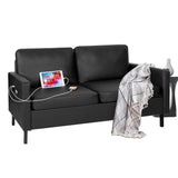 STHOUYN 56" W Faux Leather Loveseat w/ 2 USB, Black Love Seat w/Side Pockets, Small Loveseat for Small Space, Leather Couch for Bedroom, Apartment, Dorm, Black STHOUYN