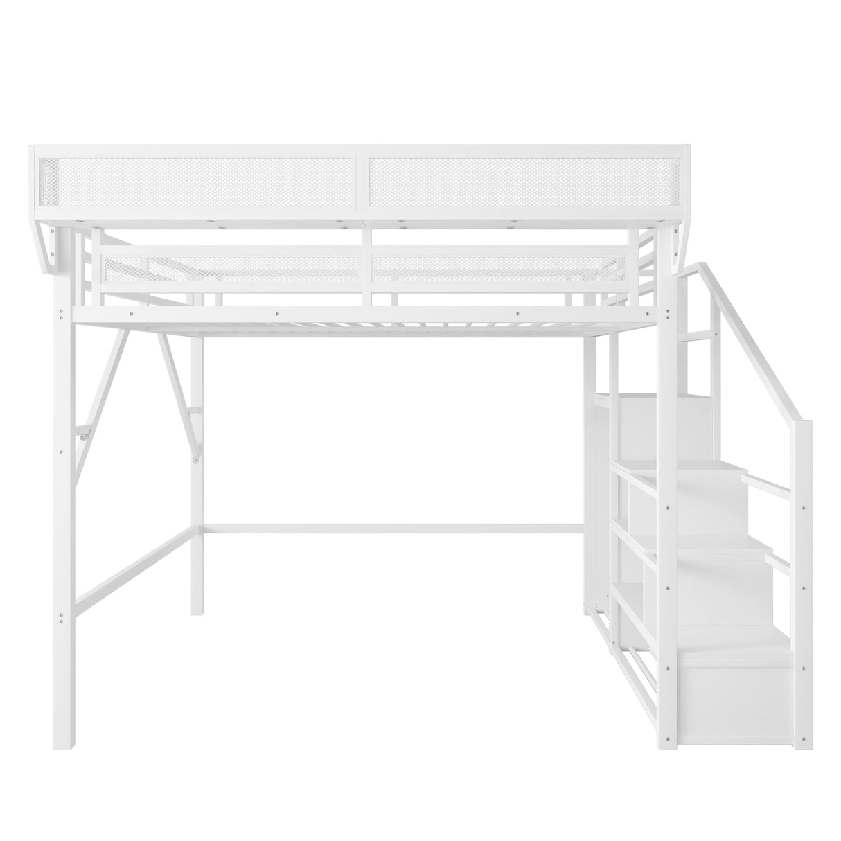 FEIOMKSS Queen Size Loft Bed with Stairs and Storage Metal Loft Bed Frame with Bedside Shelf and Large Under-Bed Space, Heavy-Duty Bed for Adults (White+Iron, Queen) FEIOMKSS