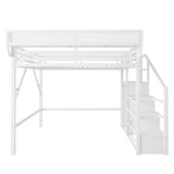 FEIOMKSS Queen Size Loft Bed with Stairs and Storage Metal Loft Bed Frame with Bedside Shelf and Large Under-Bed Space, Heavy-Duty Bed for Adults (White+Iron, Queen) FEIOMKSS