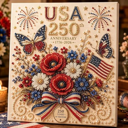 USA 250th Anniversary Beaded Floral Art Kit, Patriotic DIY Pearl Embroidery Canvas (1776–2026 Edition), US 250th DIY Pearl Beaded Floral Craft Decoration, 4th of July Diamond Painting Kit (Wreath)